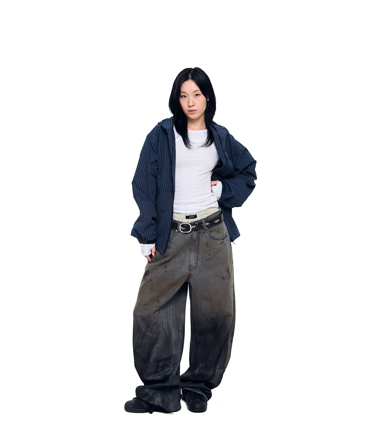 아캄(AAKAM) Check Pattern Hooded Jacket (Navy)
