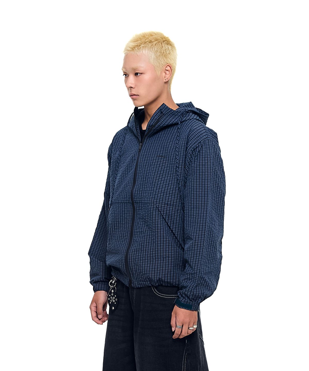 아캄(AAKAM) Check Pattern Hooded Jacket (Navy)