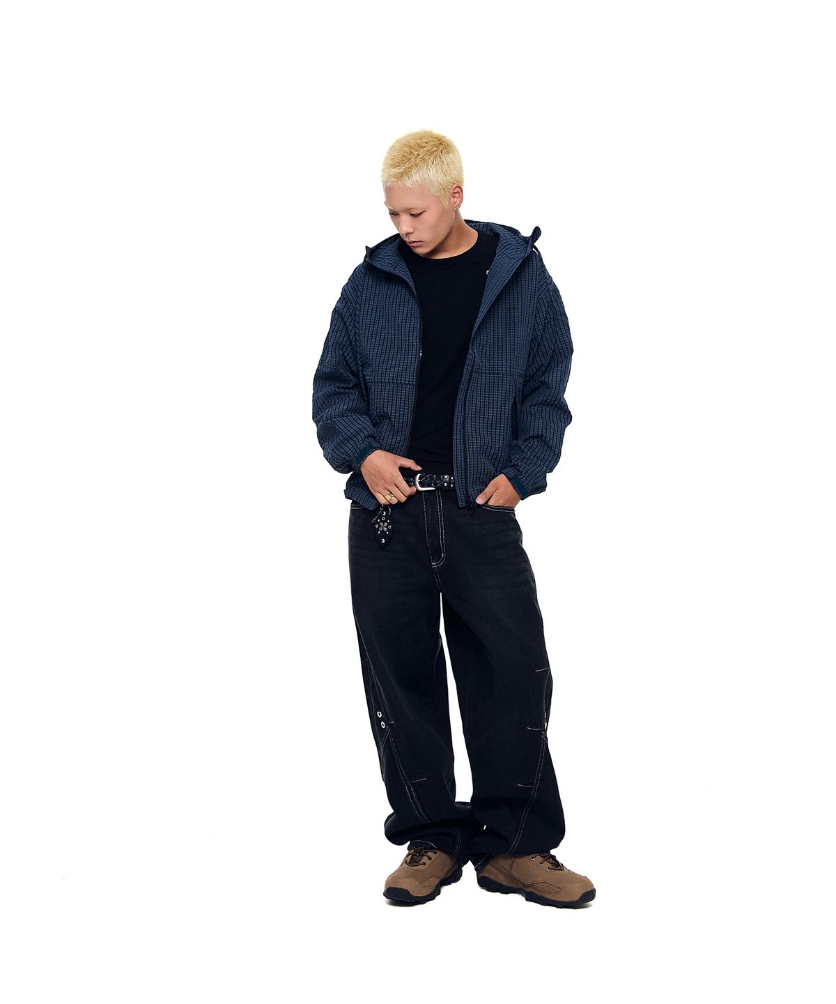 아캄(AAKAM) Check Pattern Hooded Jacket (Navy)