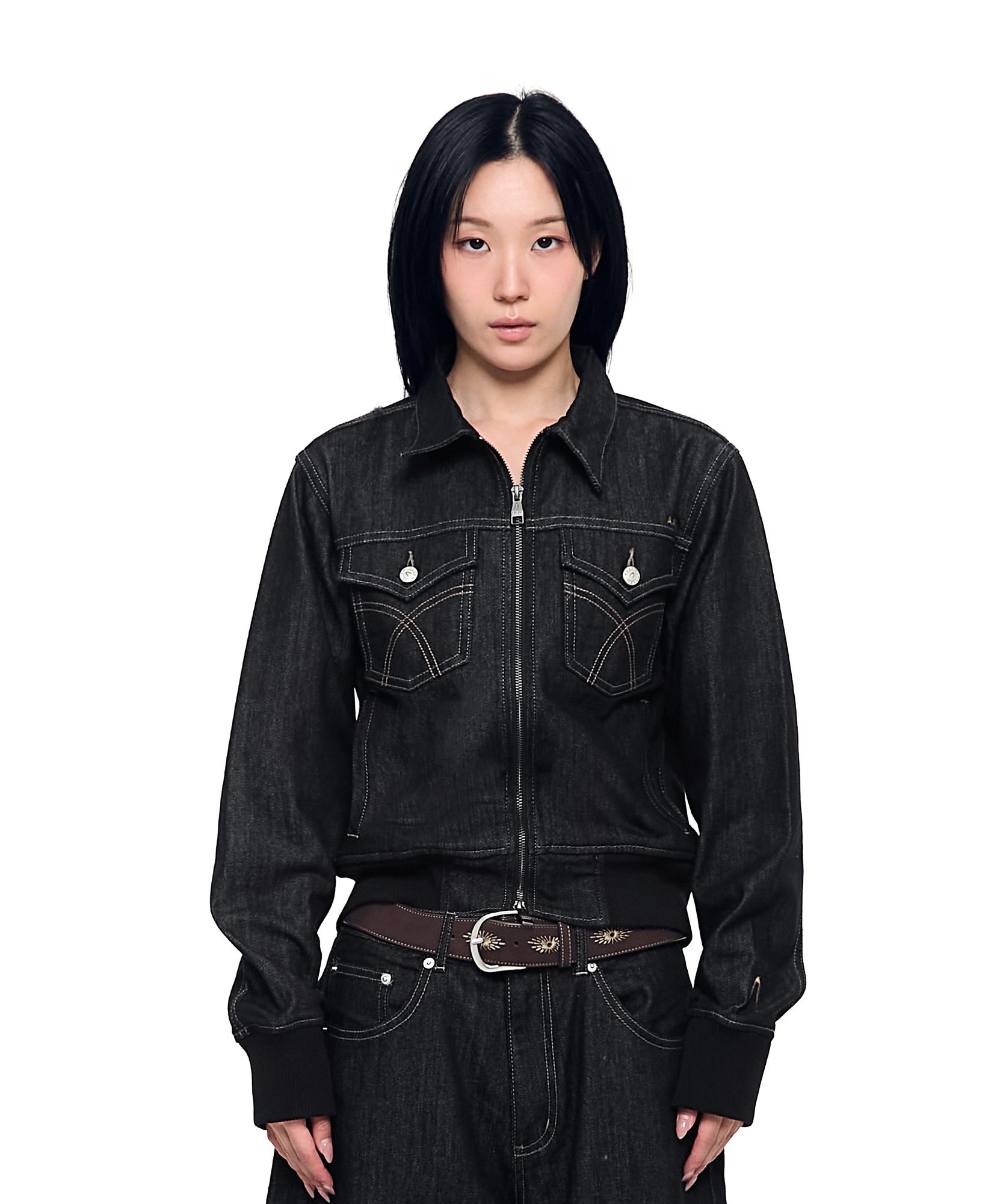 MUSINSA公式 | AAKAM Banding Denim Zip-Up Jacket (Black)