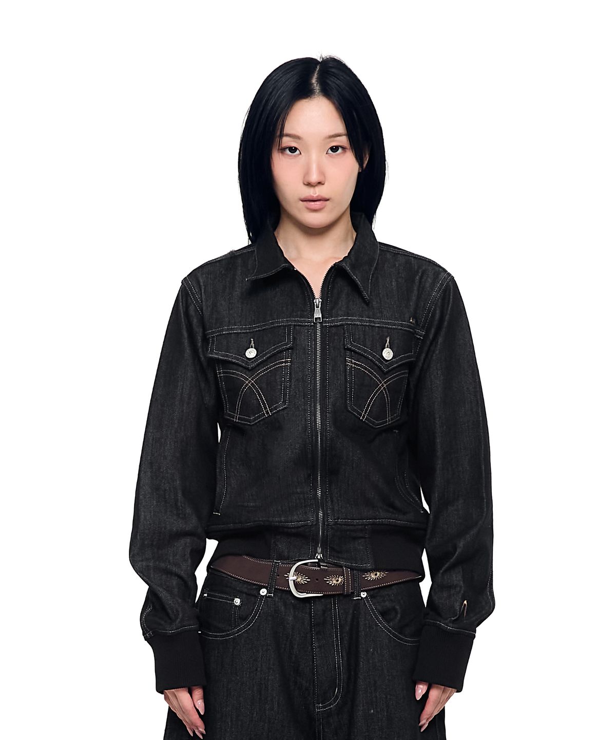 아캄(AAKAM) Banding Denim Zip-Up Jacket (Black)