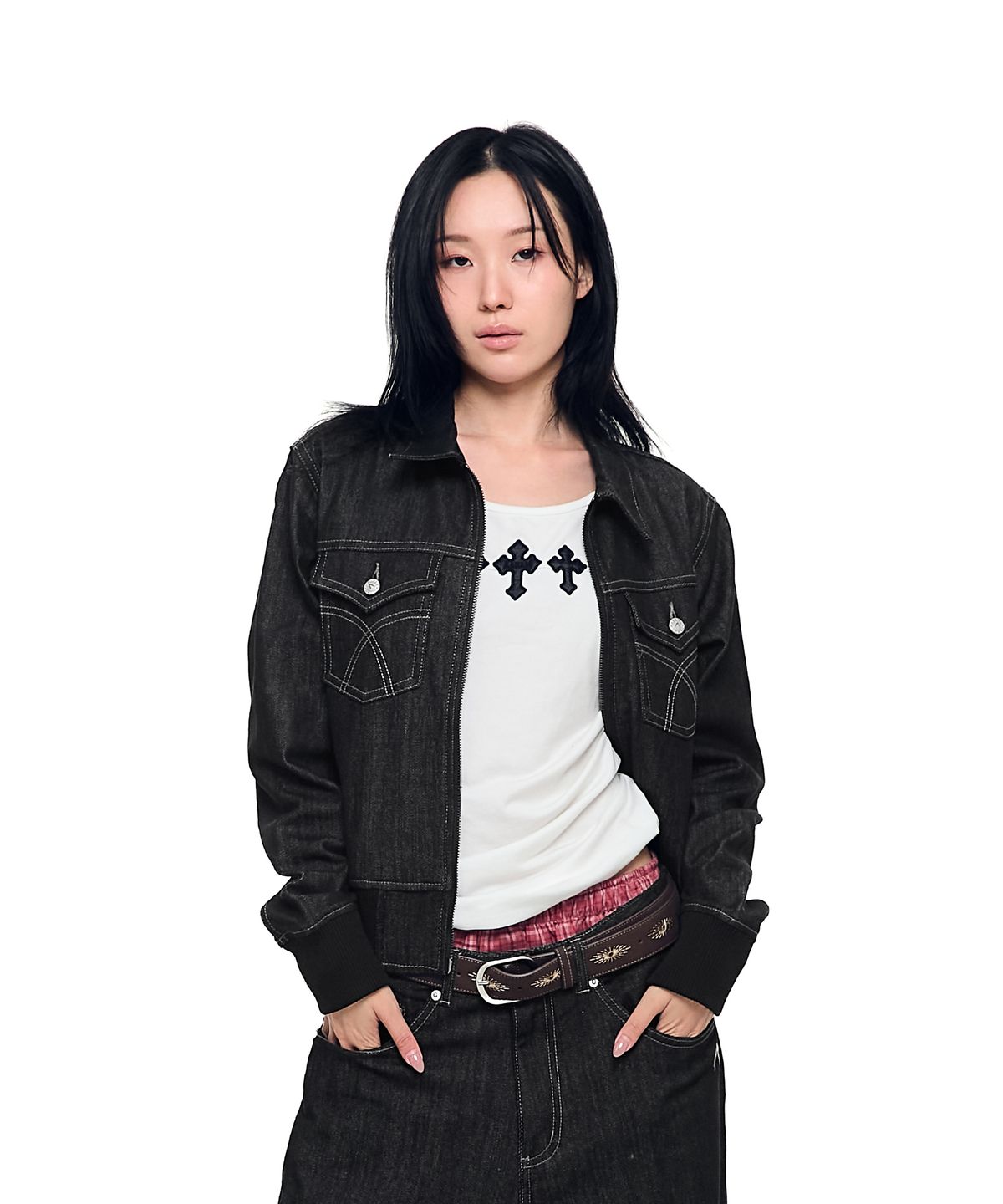 아캄(AAKAM) Banding Denim Zip-Up Jacket (Black)