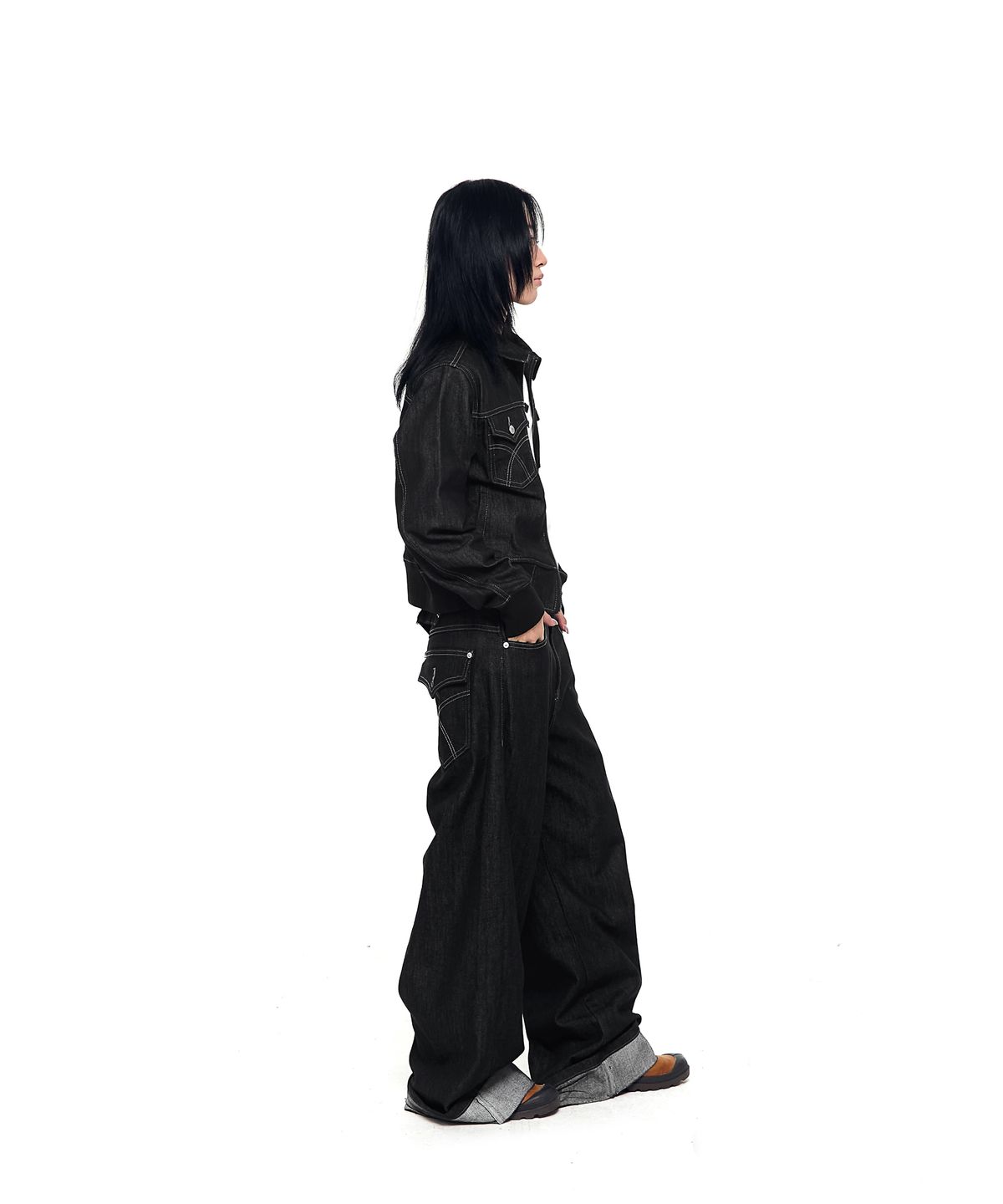 아캄(AAKAM) Banding Denim Zip-Up Jacket (Black)