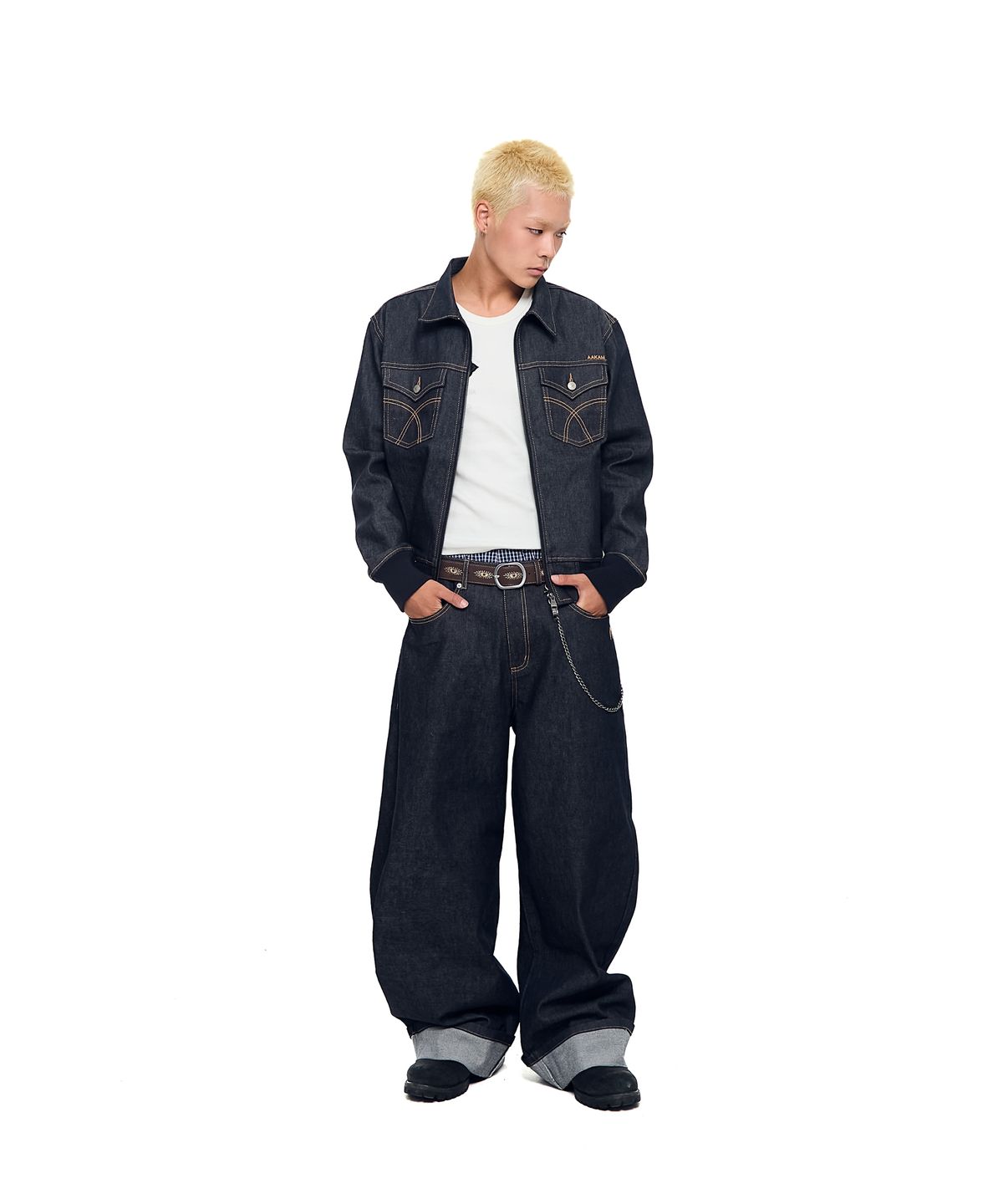 아캄(AAKAM) Banding Denim Zip-Up Jacket (Dark Blue)