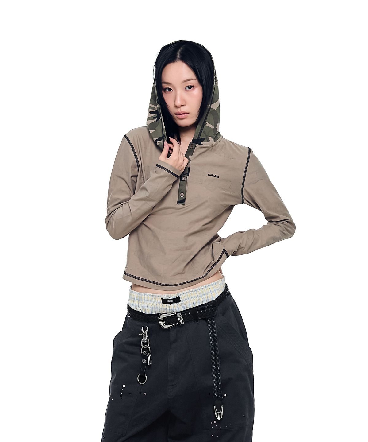 아캄(AAKAM) Camo Contrast Hooded Long Sleeve (Khaki)