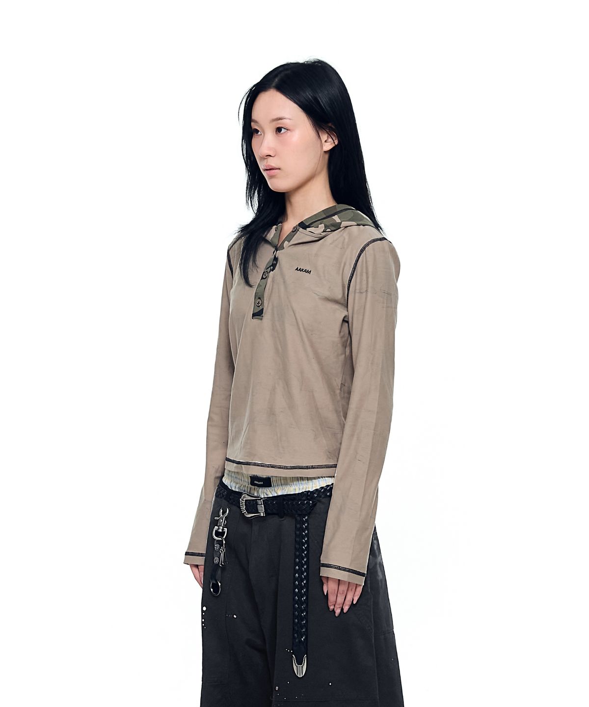 아캄(AAKAM) Camo Contrast Hooded Long Sleeve (Khaki)