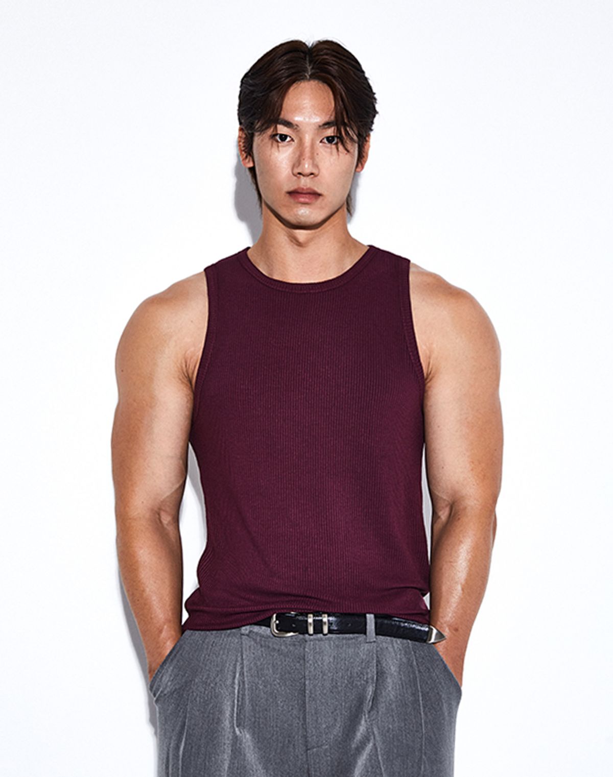 알브이디(RVD) 크롭 골지 슬리브리스 (와인)