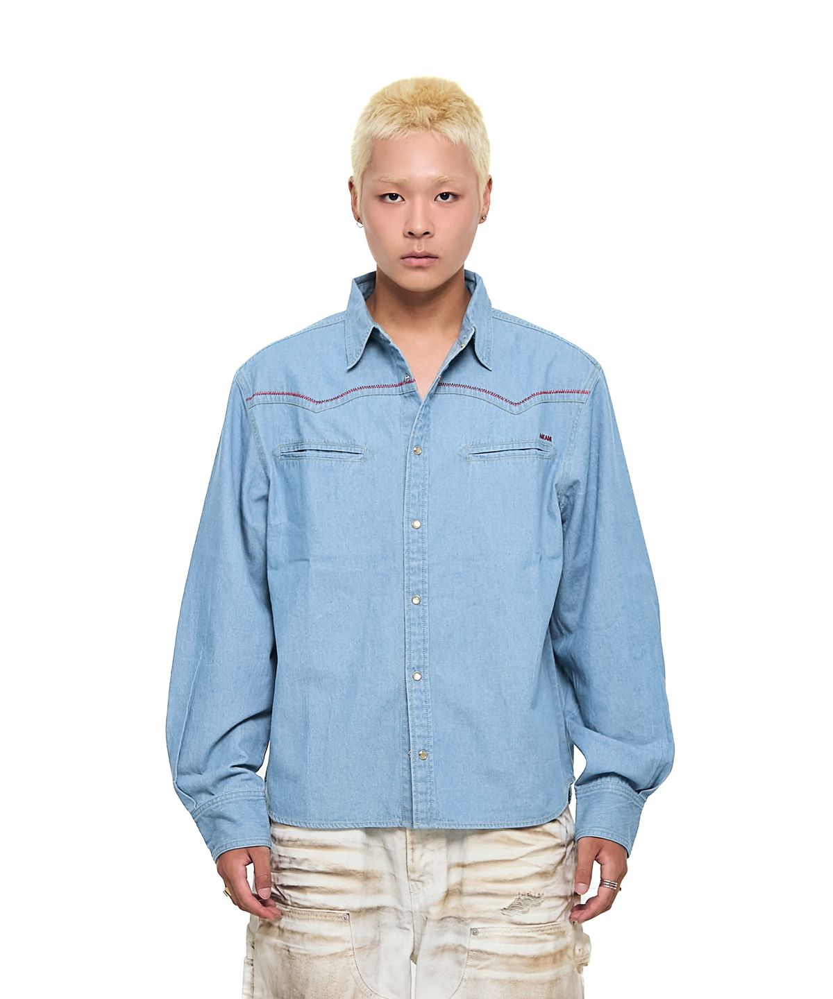 아캄(AAKAM) Stitched Western Denim Shirts (Washed Blue)
