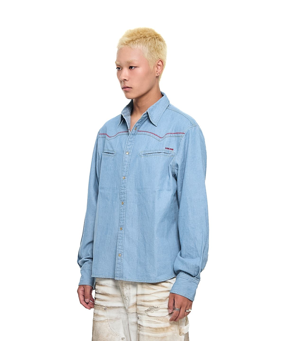 아캄(AAKAM) Stitched Western Denim Shirts (Washed Blue)