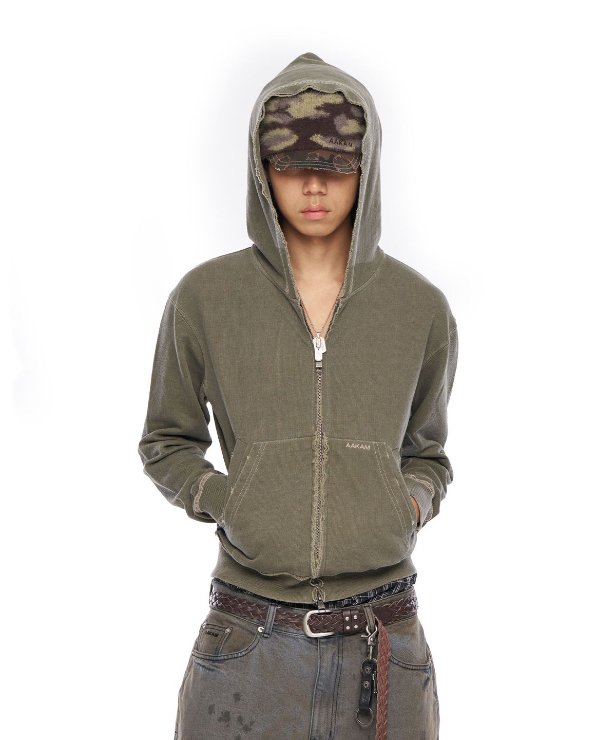 아캄(AAKAM) Vintage Damaged Zip-Up Hoodie (Khaki)