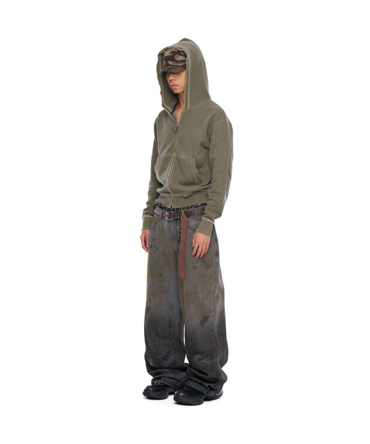 아캄(AAKAM) Vintage Damaged Zip-Up Hoodie (Khaki)