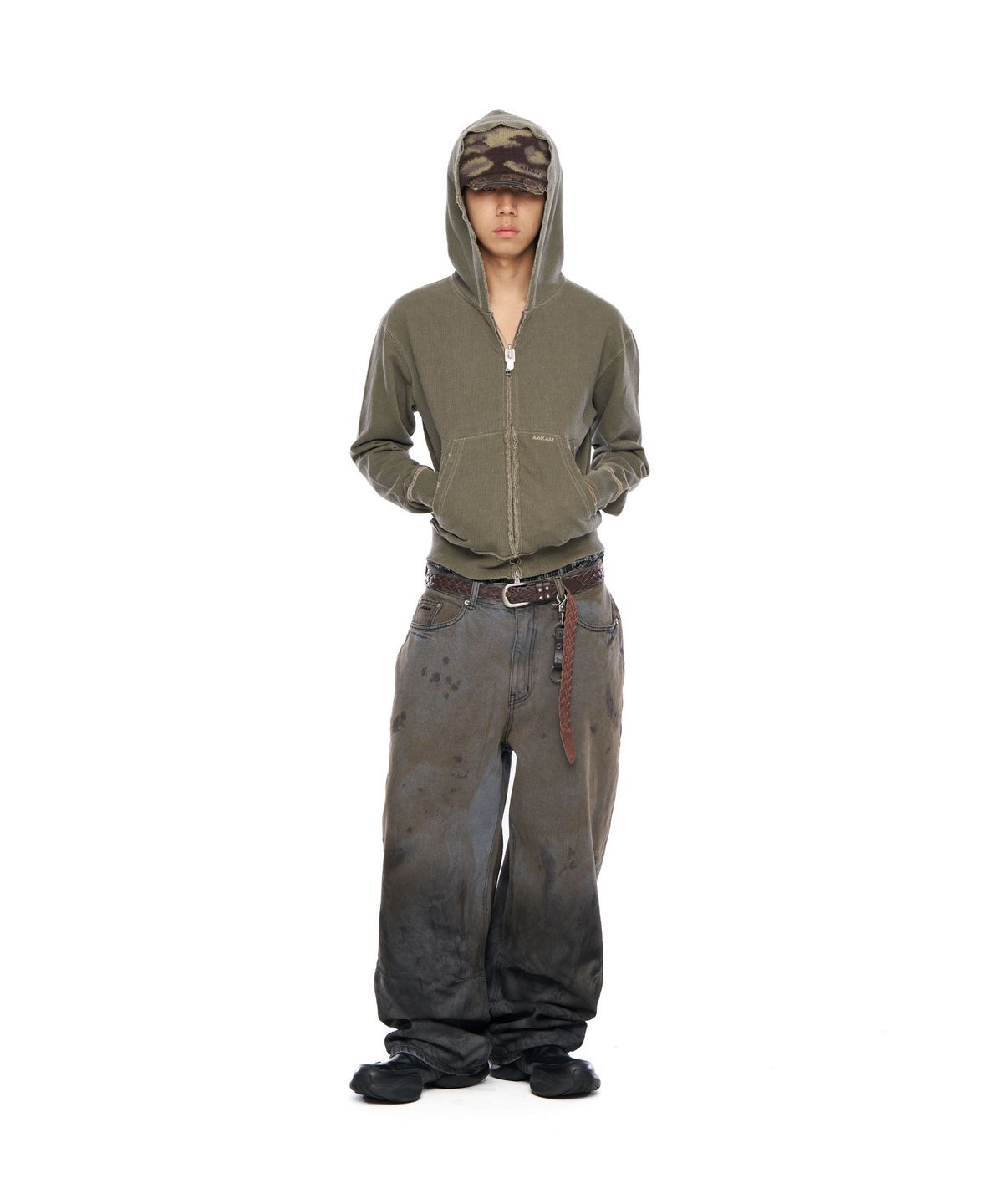 아캄(AAKAM) Vintage Damaged Zip-Up Hoodie (Khaki)