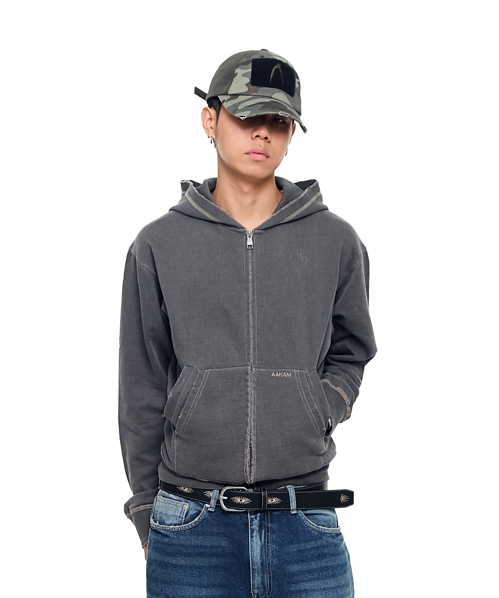 MUSINSA | AAKAM Vintage Damaged Zip-Up Hoodie (Dark Gray)