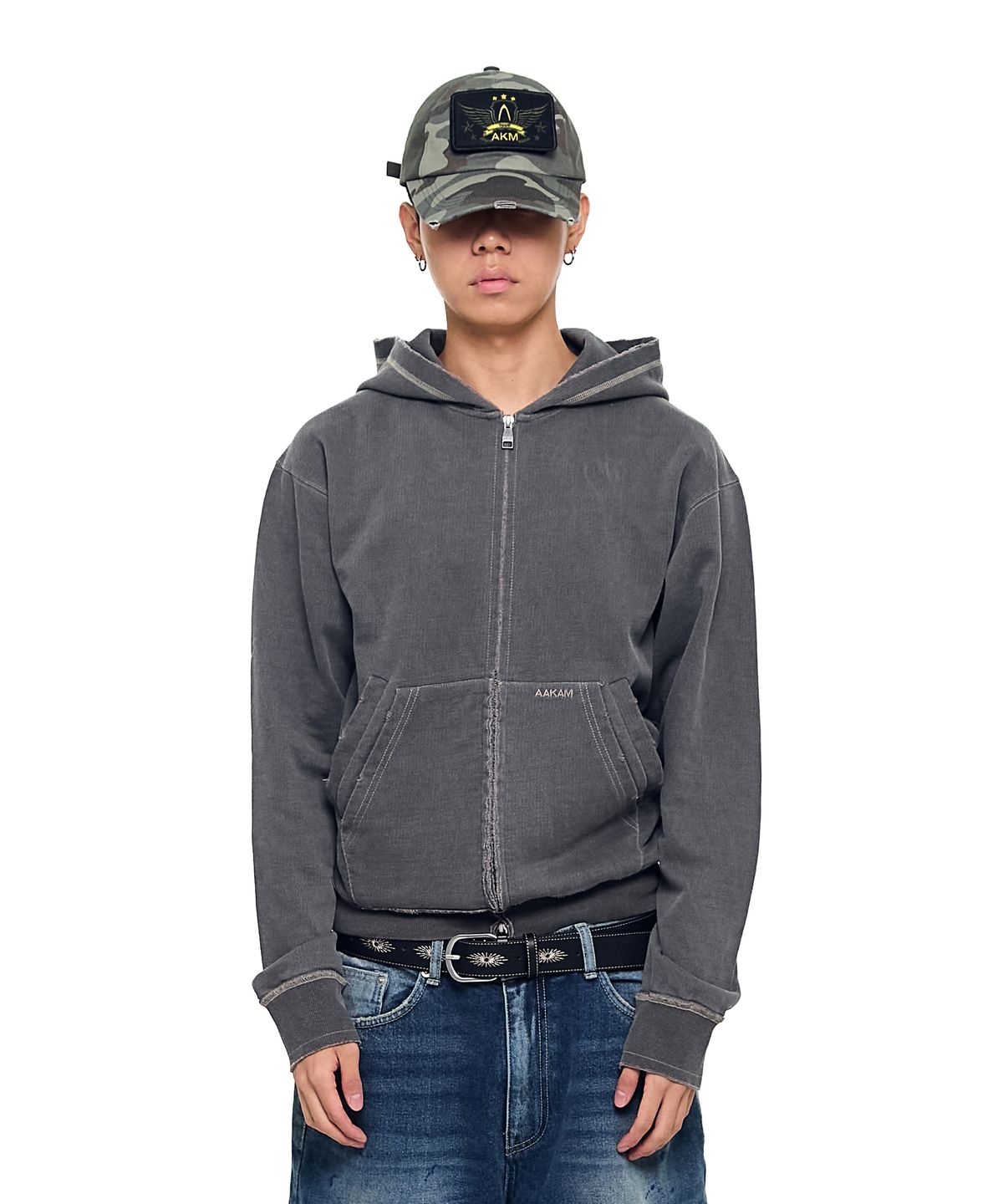 아캄(AAKAM) Vintage Damaged Zip-Up Hoodie (Dark Gray)
