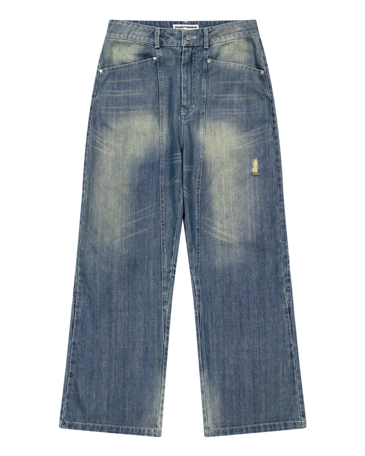 포르테나(PORTERNA) CINCH BACK CURVED JEANS-BLUE
