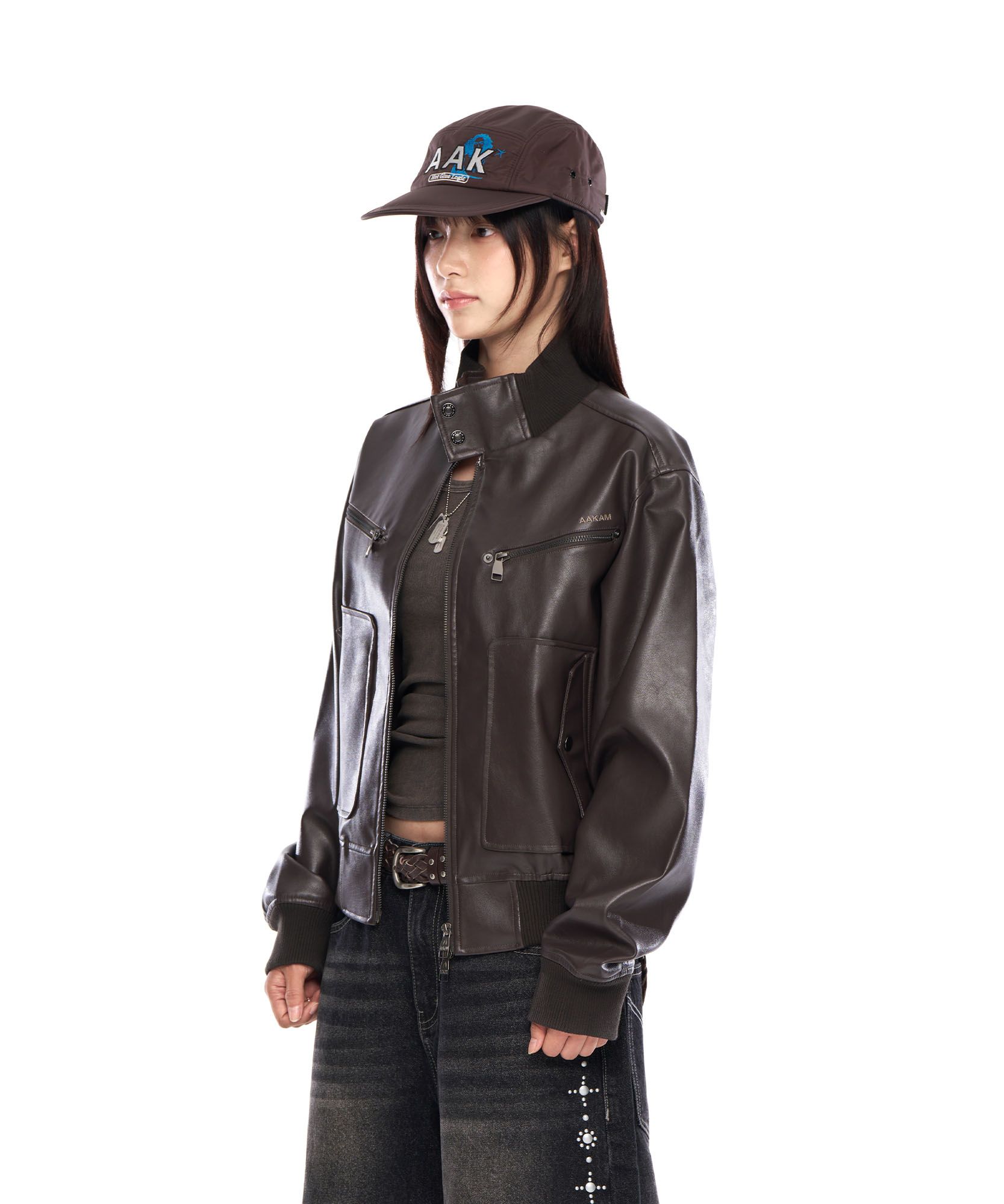 MUSINSA | AAKAM High-Neck Leather Jacket (Brown)