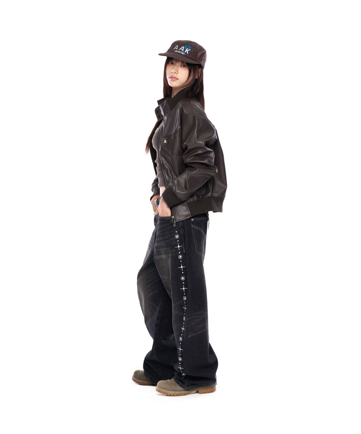 아캄(AAKAM) High-Neck Leather Jacket (Brown)