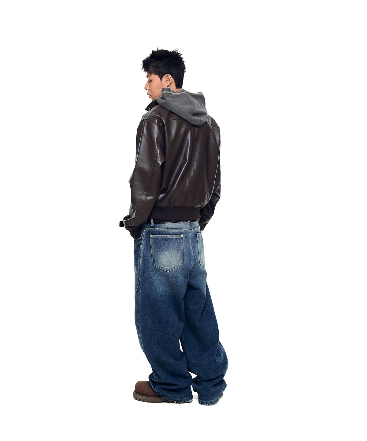 아캄(AAKAM) High-Neck Leather Jacket (Brown)