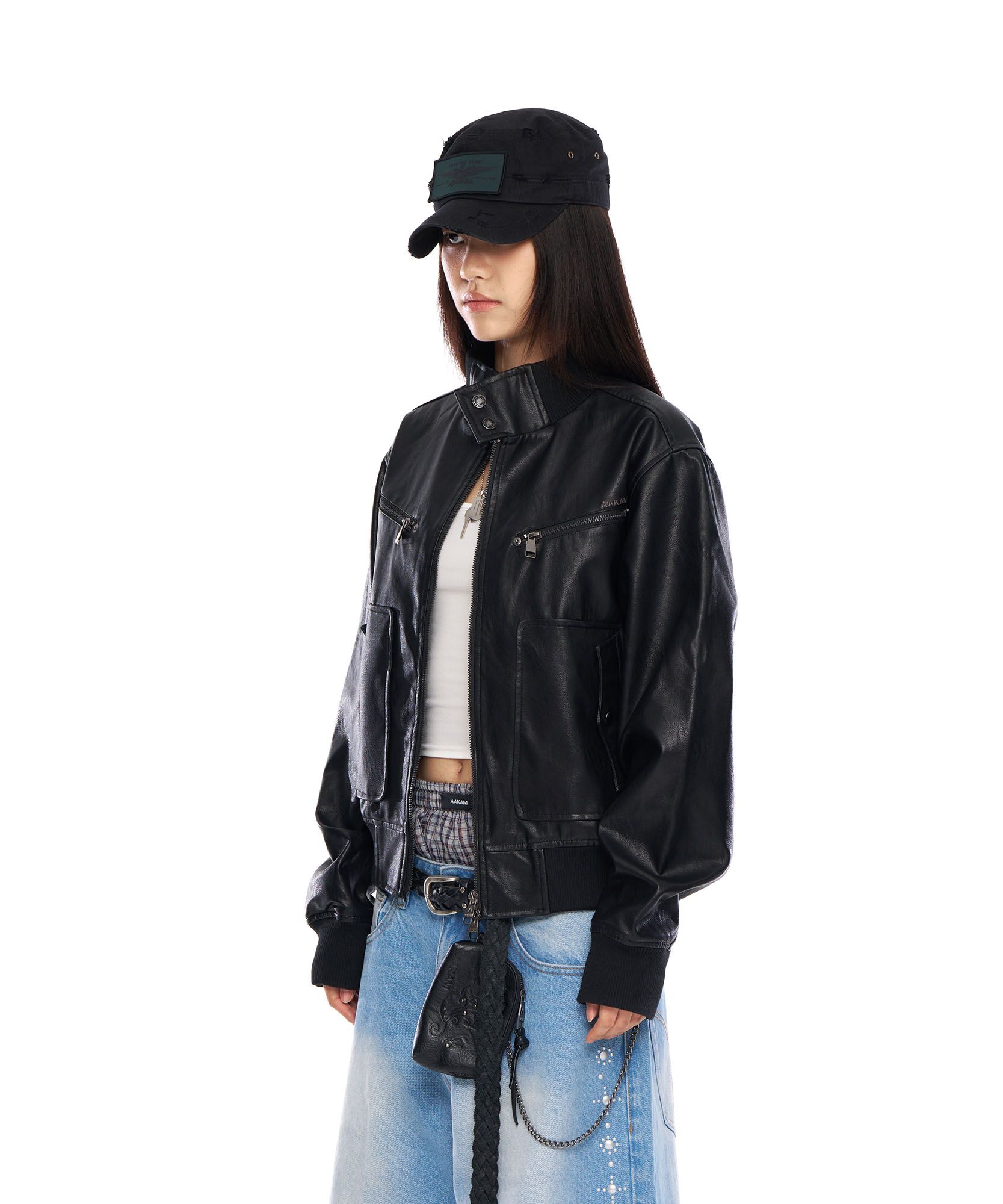 MUSINSA公式 | AAKAM High-Neck Leather Jacket (Black)