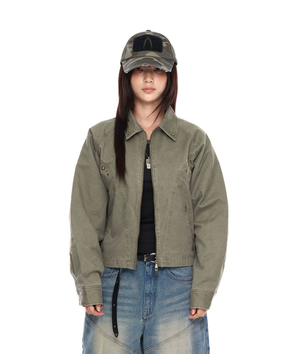 아캄(AAKAM) Incision Studded Cotton Jacket (Khaki)