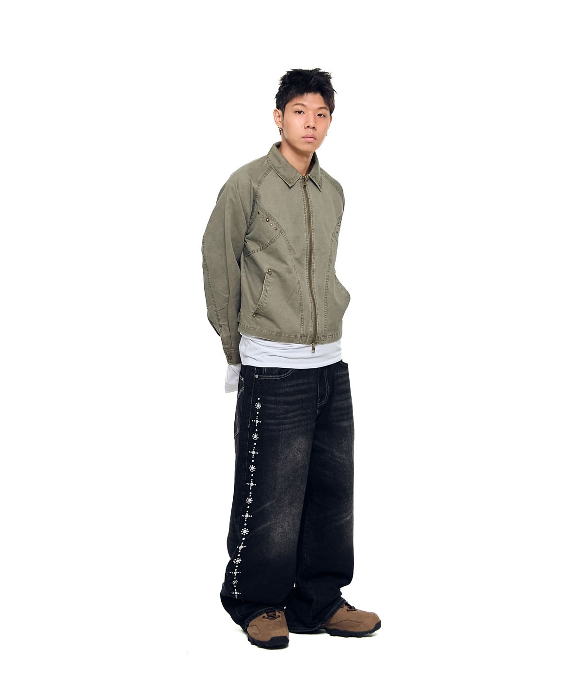 아캄(AAKAM) Incision Studded Cotton Jacket (Khaki)