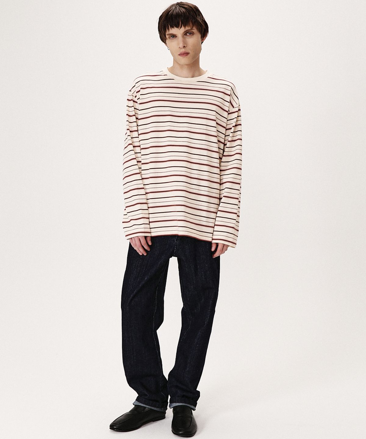 셔터(SHIRTER) FINE STRIPE LS T-SHIRT (IVORY WINE)
