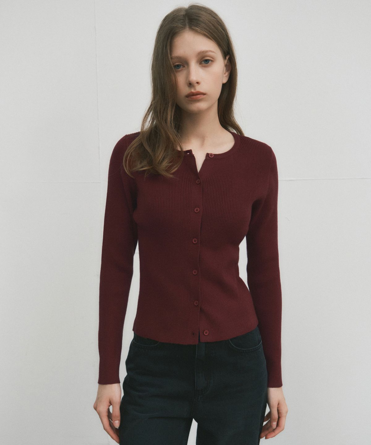 웬즈데이오아시스 포 우먼(WEDNESDAYOASISFORWOMEN) 워셔블 시어 니트 가디건_BURGUNDY(WC25-KN35)