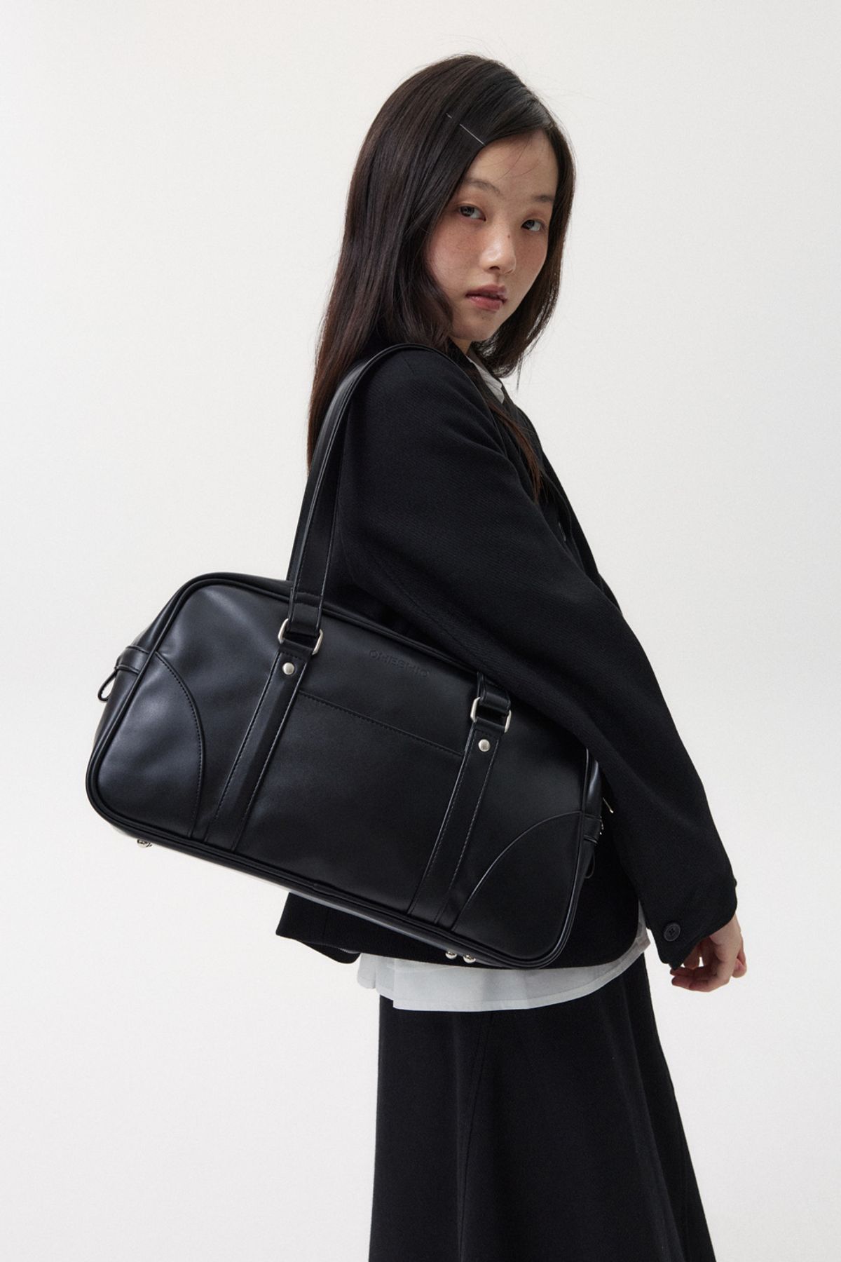 오헤시오(OHESHIO) VINTAGE SQUARE LEATHER TOTE BAG, BLACK