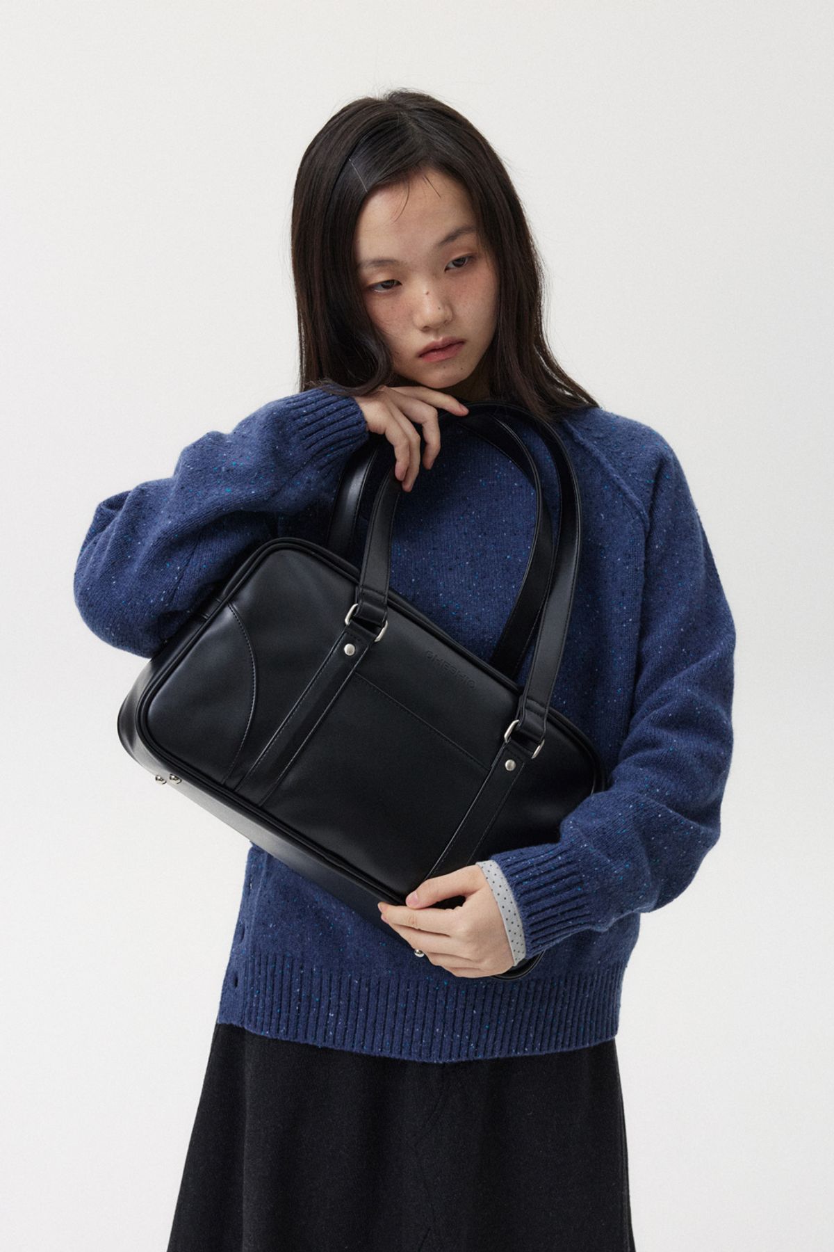 오헤시오(OHESHIO) VINTAGE SQUARE LEATHER TOTE BAG, BLACK