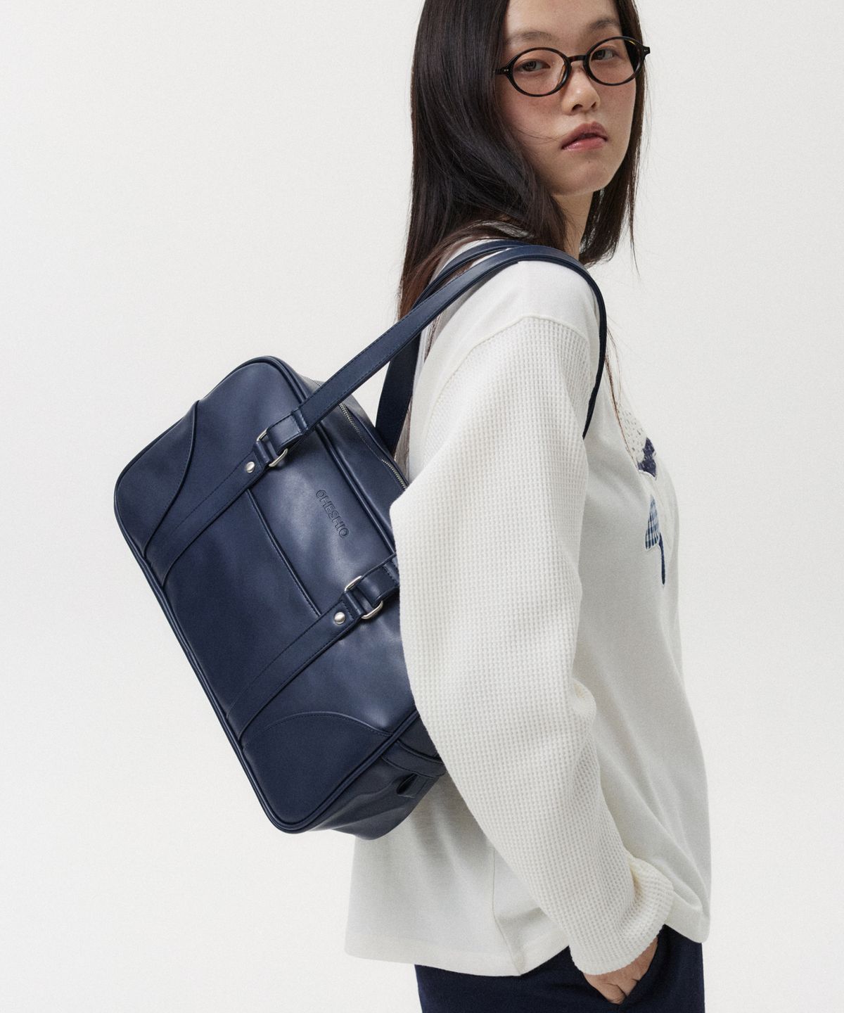 오헤시오(OHESHIO) VINTAGE SQUARE LEATHER TOTE BAG, NAVY