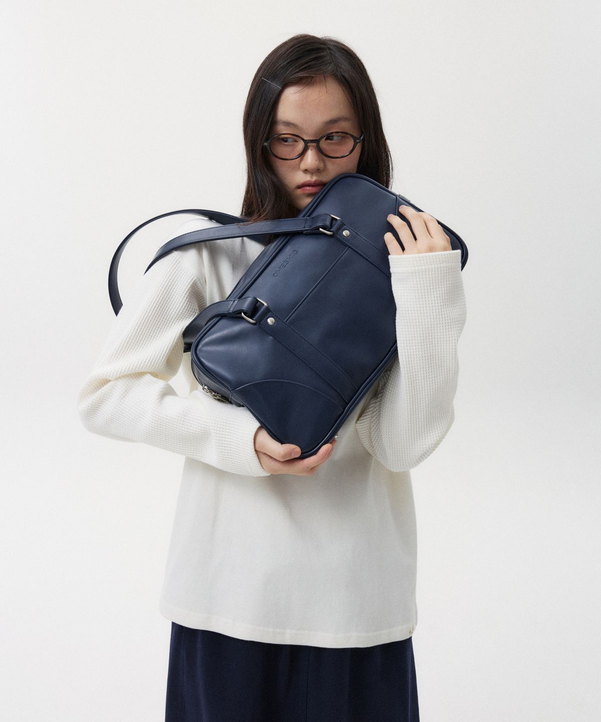오헤시오(OHESHIO) VINTAGE SQUARE LEATHER TOTE BAG, NAVY