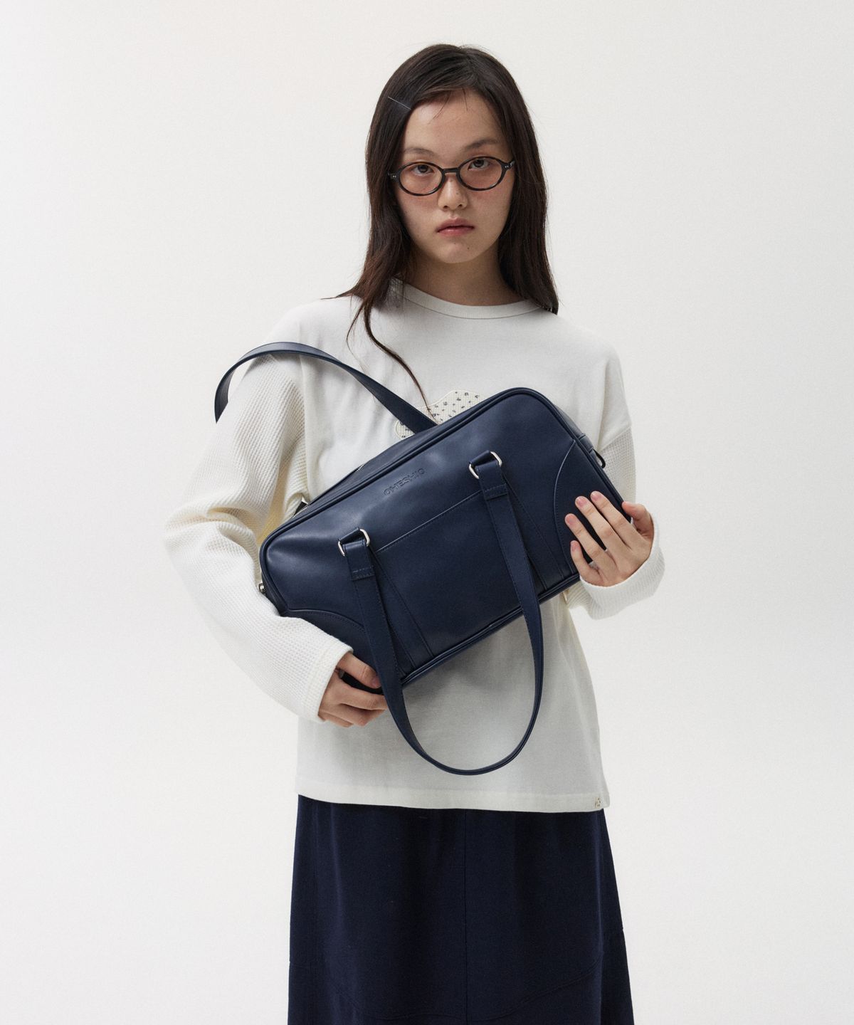 오헤시오(OHESHIO) VINTAGE SQUARE LEATHER TOTE BAG, NAVY