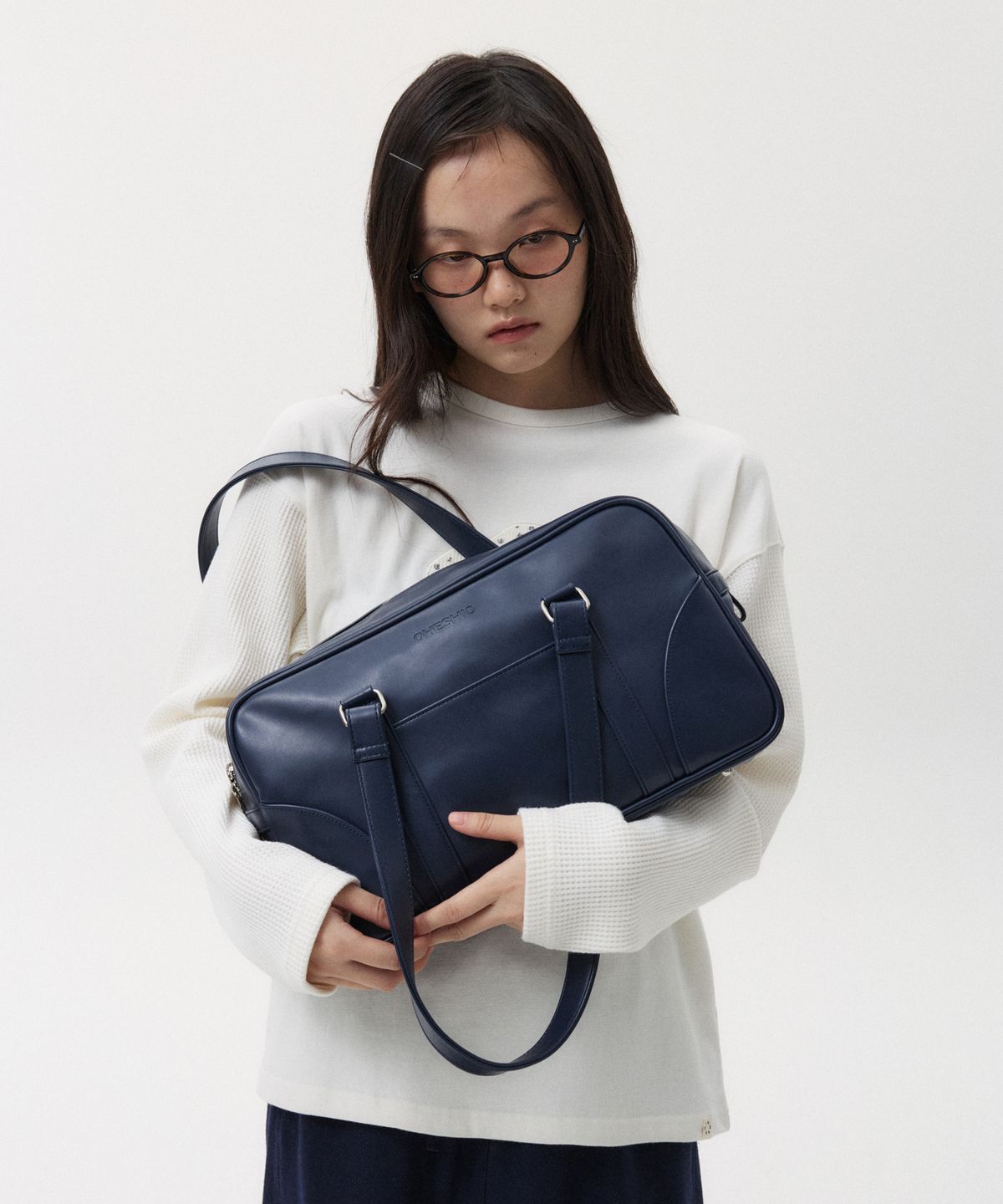 오헤시오(OHESHIO) VINTAGE SQUARE LEATHER TOTE BAG, NAVY