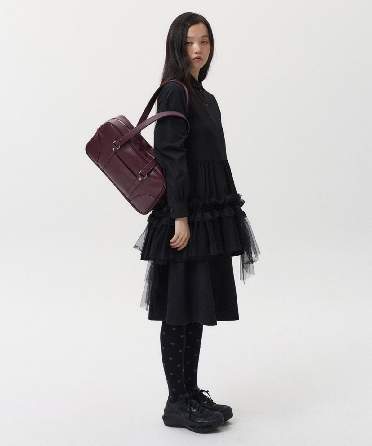 오헤시오(OHESHIO) VINTAGE SQUARE LEATHER TOTE BAG, BURGUNDY