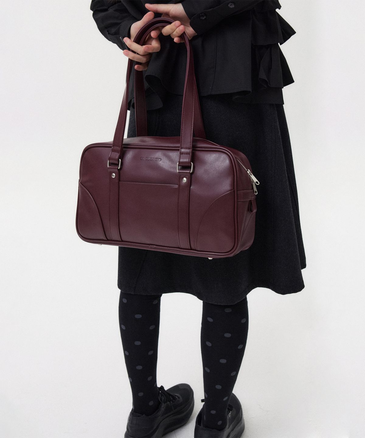 오헤시오(OHESHIO) VINTAGE SQUARE LEATHER TOTE BAG, BURGUNDY