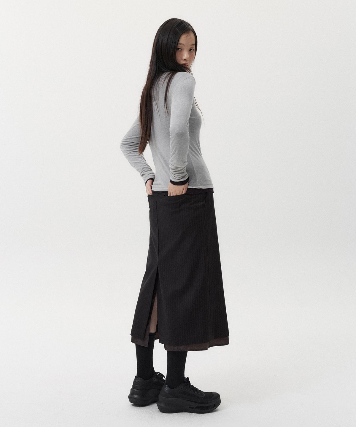 오헤시오(OHESHIO) LAYERED SLIT LONG SKIRT, BROWN