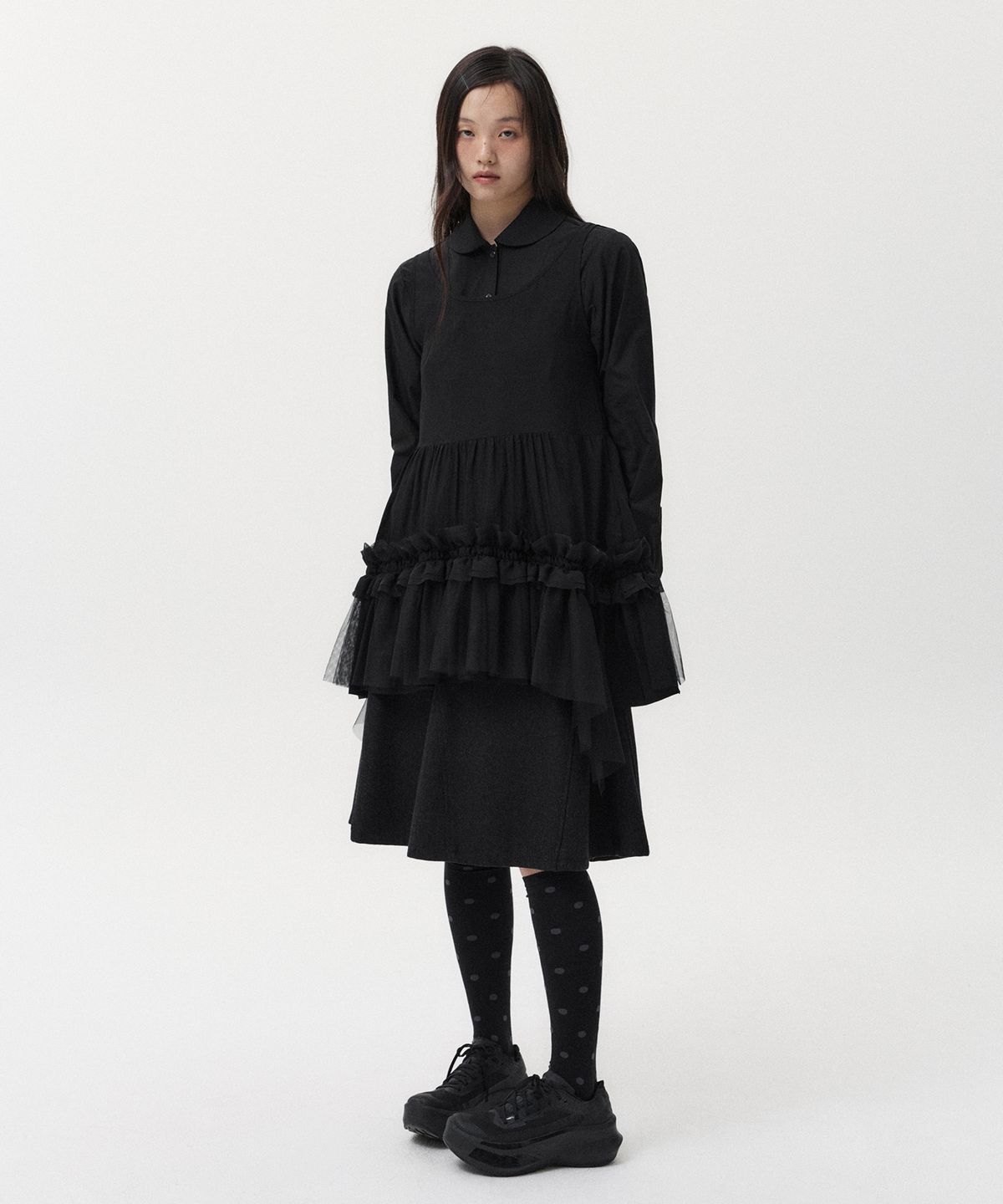 오헤시오(OHESHIO) SHEER FRILL LAYERED DRESS, BLACK