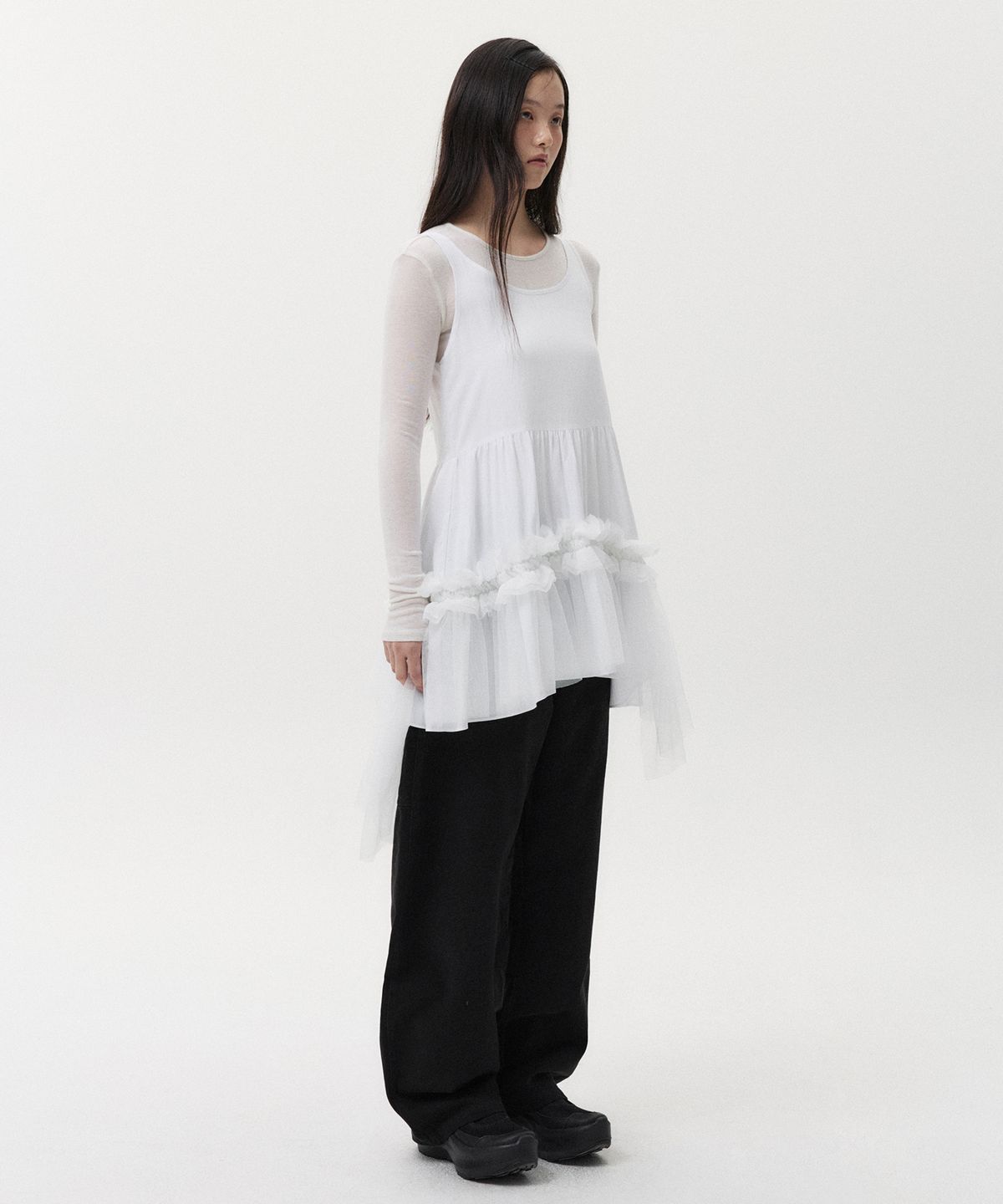 오헤시오(OHESHIO) SHEER FRILL LAYERED DRESS, WHITE