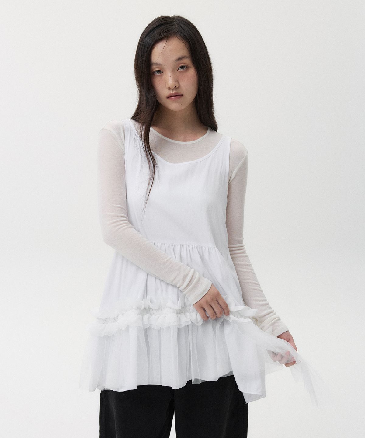 오헤시오(OHESHIO) SHEER FRILL LAYERED DRESS, WHITE