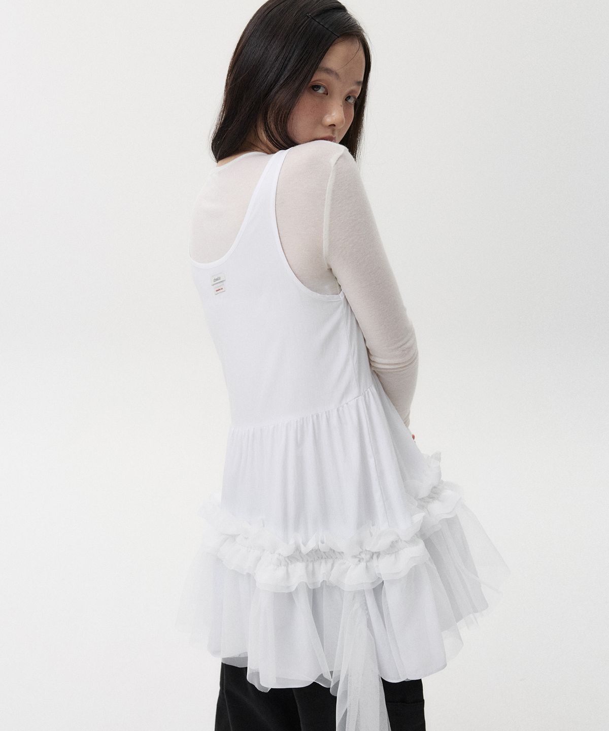 오헤시오(OHESHIO) SHEER FRILL LAYERED DRESS, WHITE