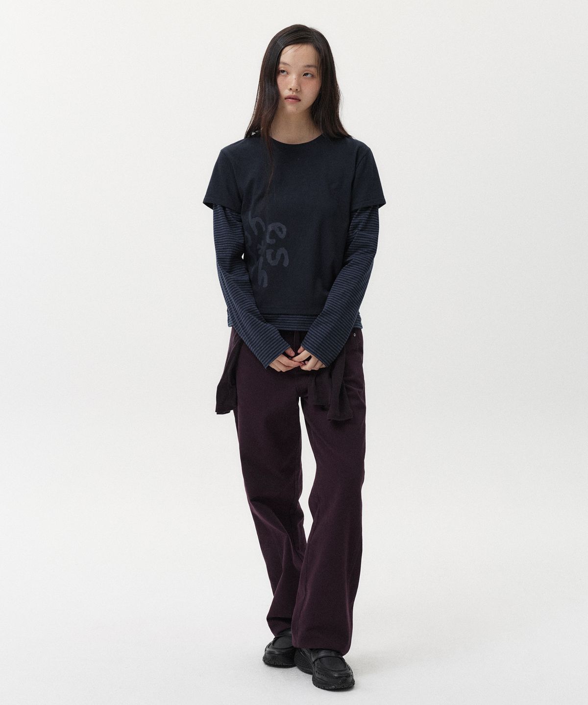 오헤시오(OHESHIO) LOGO LAYERED STRIPE LONG T-SHIRT, NAVY