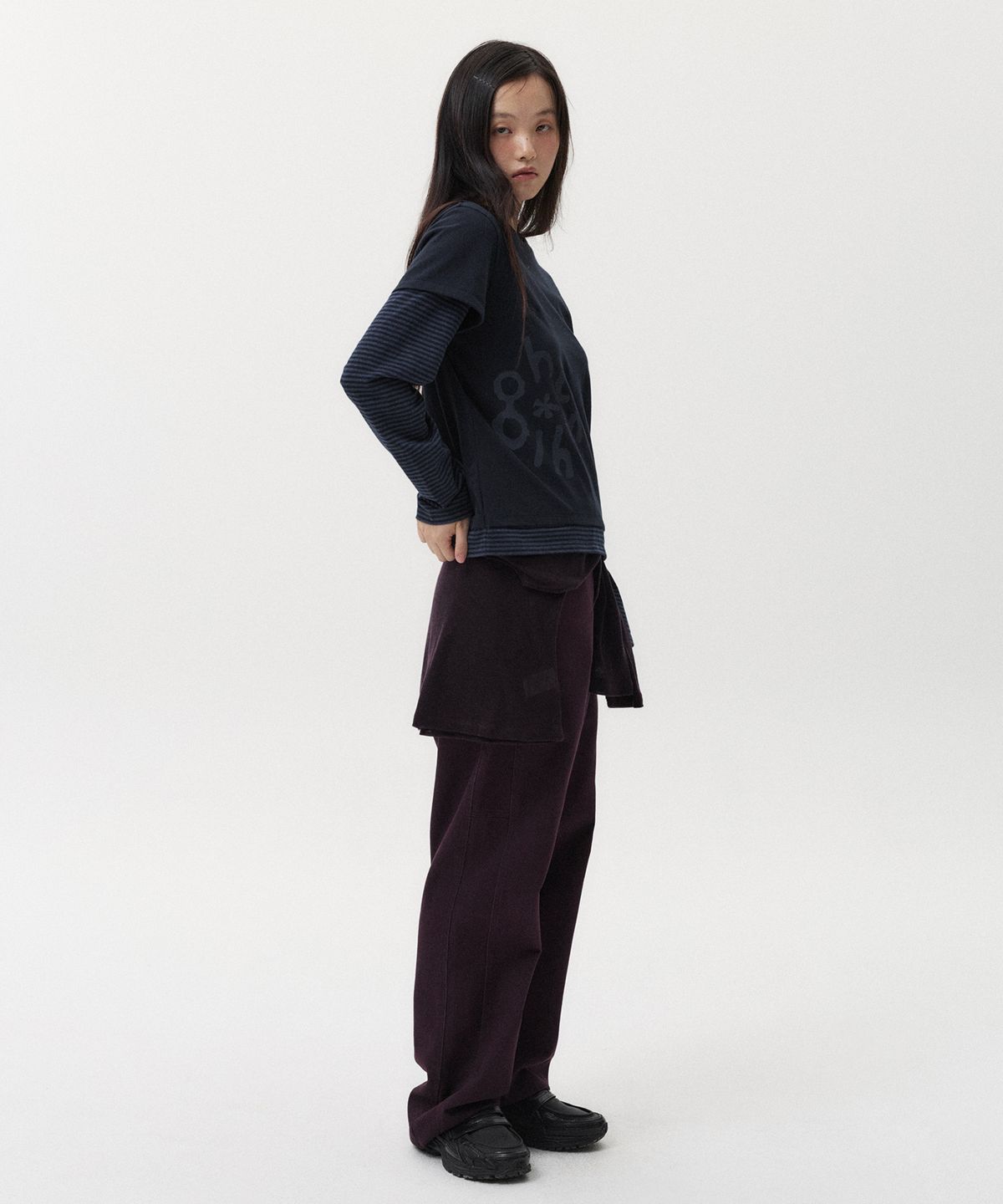 오헤시오(OHESHIO) LOGO LAYERED STRIPE LONG T-SHIRT, NAVY
