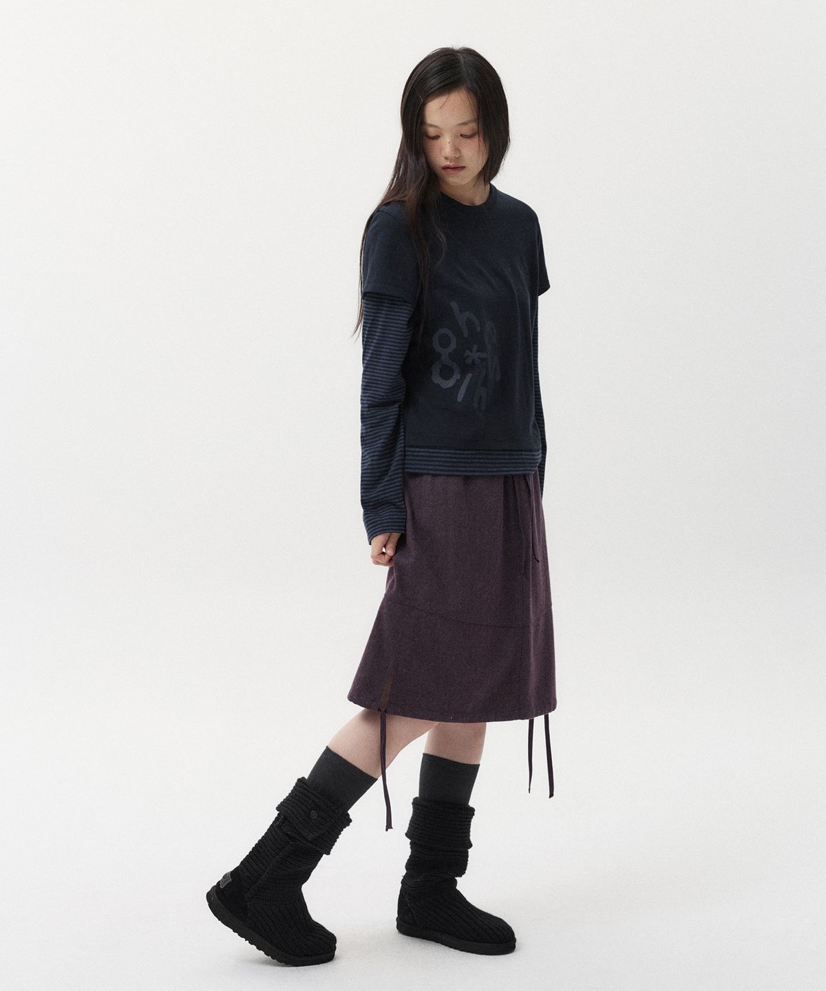 오헤시오(OHESHIO) LOGO LAYERED STRIPE LONG T-SHIRT, NAVY