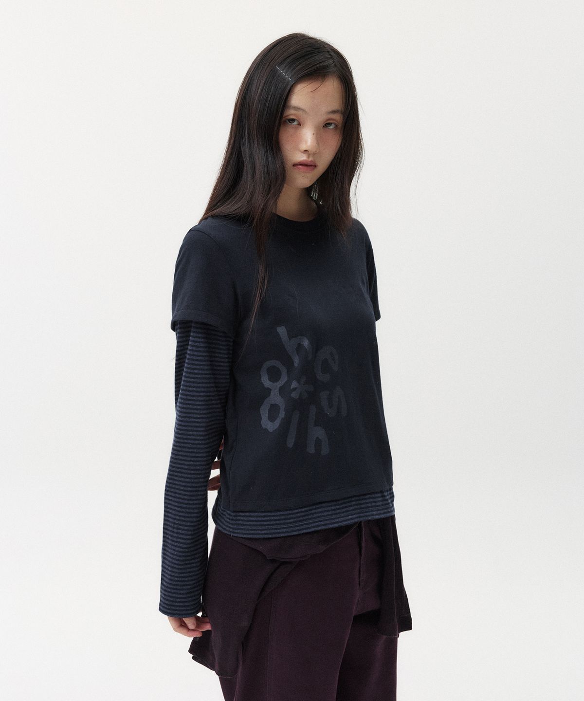오헤시오(OHESHIO) LOGO LAYERED STRIPE LONG T-SHIRT, NAVY