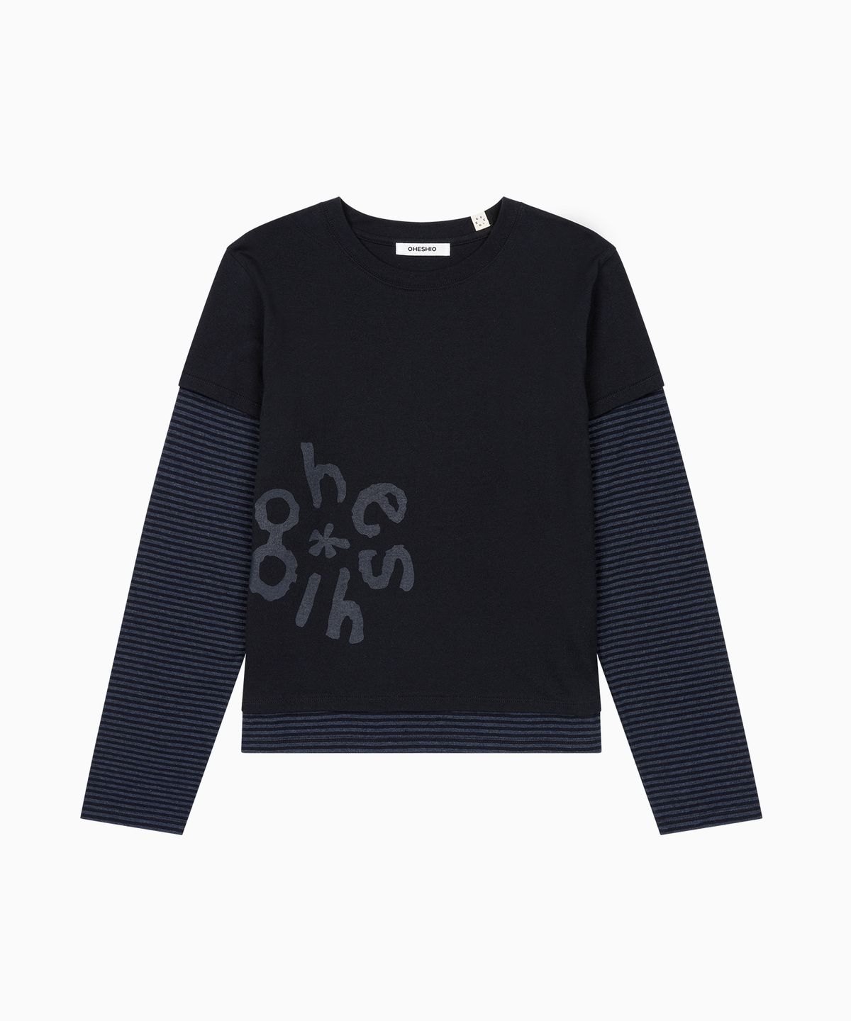 오헤시오(OHESHIO) LOGO LAYERED STRIPE LONG T-SHIRT, NAVY