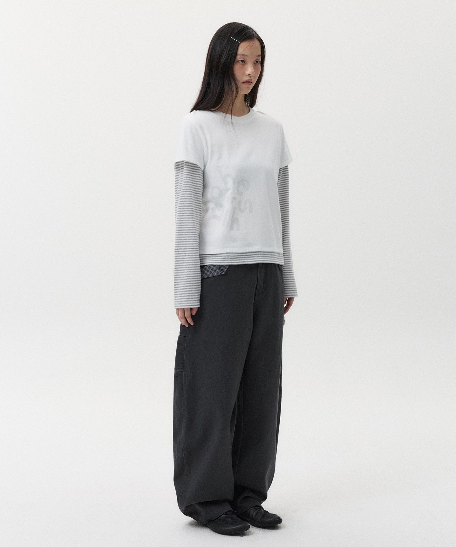 MUSINSA公式 | OHESHIO LOGO LAYERED STRIPE LONG T-SHIRT, WHITE