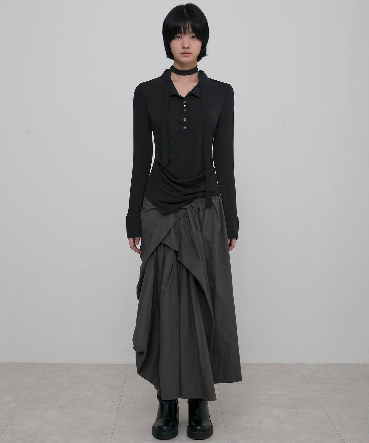 플레어업(FLAREUP) Asymmetrical Draped Shirt (FL-186_Black)
