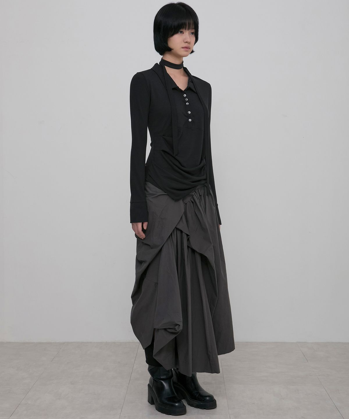 플레어업(FLAREUP) Asymmetrical Draped Shirt (FL-186_Black)