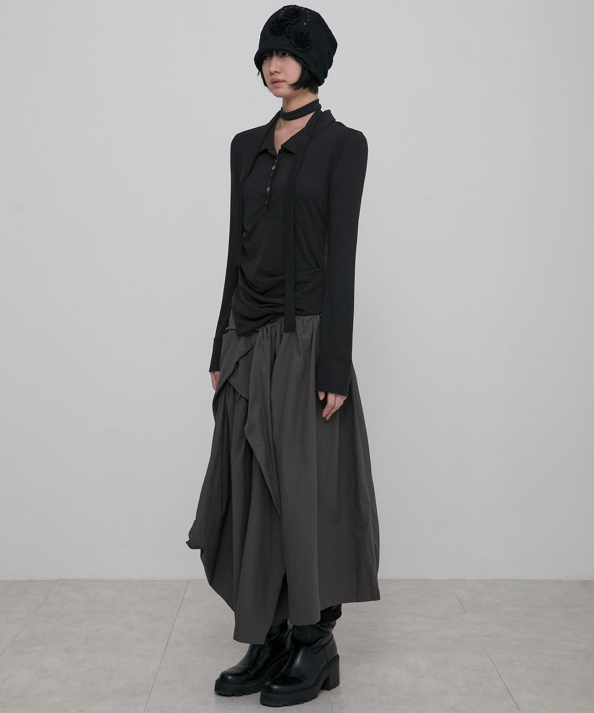 플레어업(FLAREUP) Asymmetrical Draped Shirt (FL-186_Black)