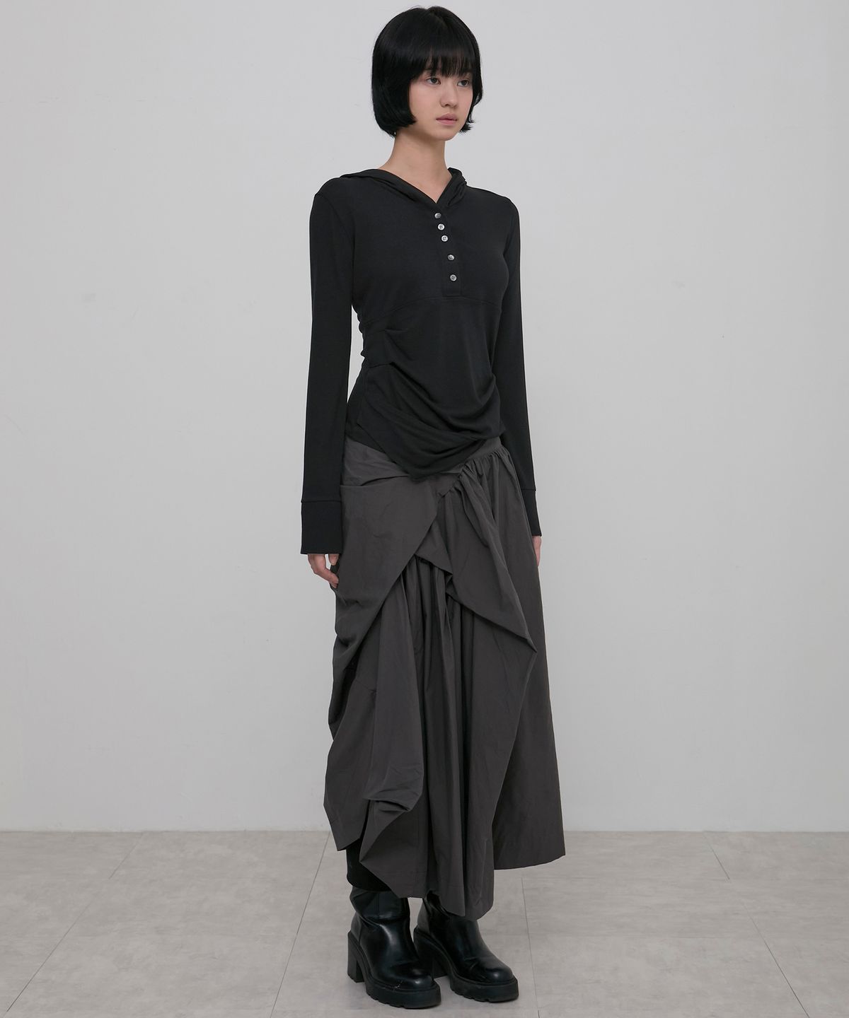 플레어업(FLAREUP) Asymmetrical Draped Hoodie (FL-187_Black)